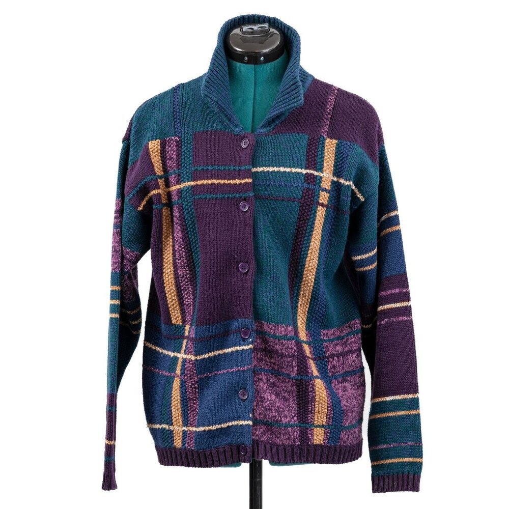 Vintage 90s Hand Knit Purple and Blue Long Sleeve Sweater Cardigan